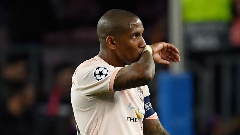 Manchester United&#39;s English midfielder Ashley Young leaves the pitch at the end of the UEFA Champions League quarter-final second leg football match between Barcelona and Manchester United at the Camp Nou stadium in Barcelona on April 16, 2019. 