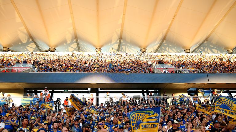 Fans at enjoy the clash  between the Parramatta Eels and Wests Tigers at Bankwest Stadium