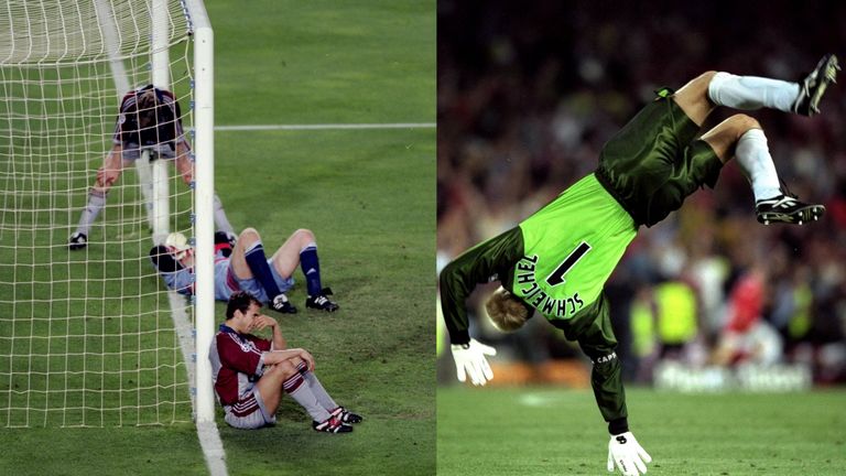 Bayern players were left dejected on the goal-line, while Peter Schmeichel celebrated Solskjaer's winner in style