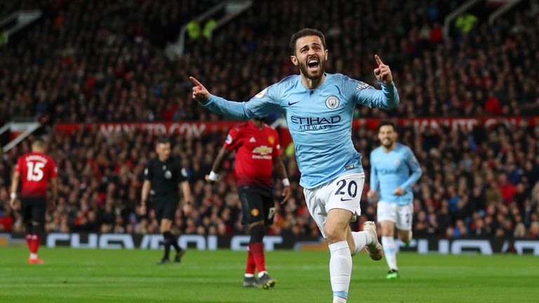 Bernardo Silva celebrates his opener at Old Trafford