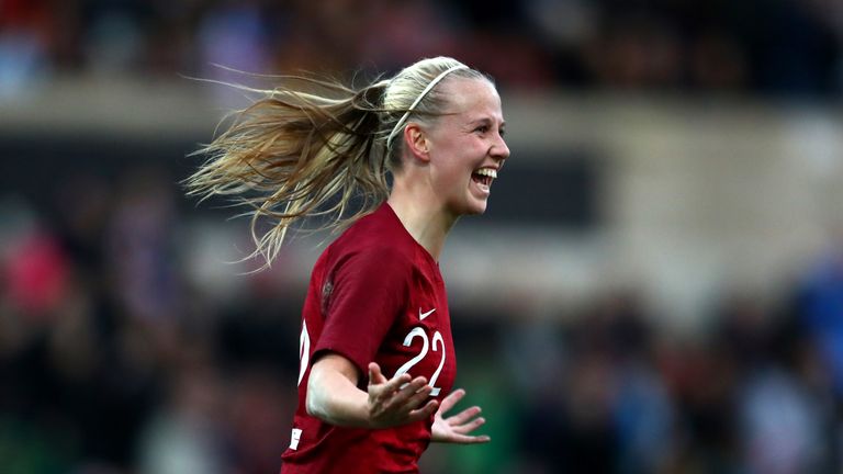 Beth Mead celebrates after scoring for England Women