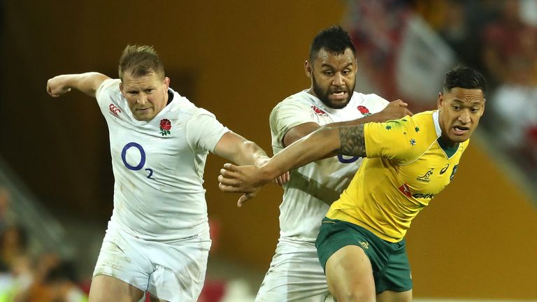Billy Vunipola and Israel Folau during the International Test match between the Australian Wallabies and England at Suncorp Stadium on June 11, 2016 in Brisbane, Australia.