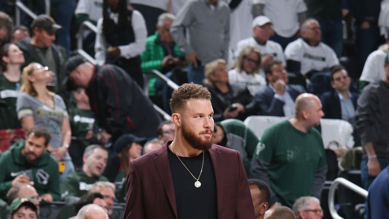 Blake Griffin #23 of the Detroit Pistons stares on during the game against the Milwaukee Bucks during Game One of Round One of the 2019 NBA Playoffs on April 14, 2019 at the Fiserv Forum in Milwaukee, Wisconsin. 