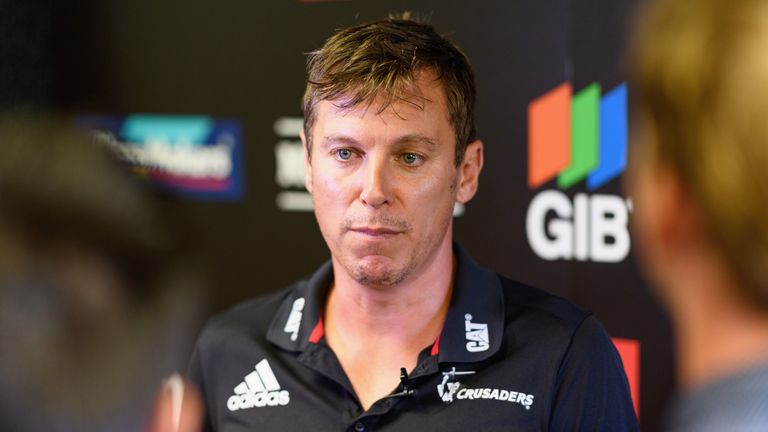 Assistant Coach Brad Mooar speaks to the media prior to a Crusaders Super Rugby training session at Rugby Park on February 21, 2019 in Christchurch, New Zealand.