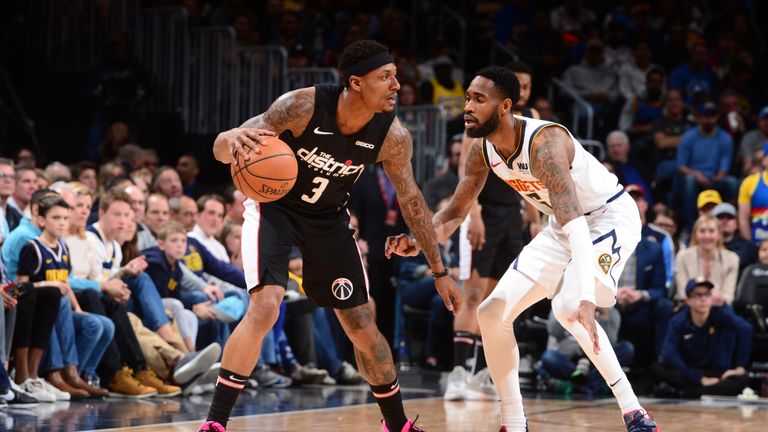 Bradley Beal of the Washington Wizards handles the ball against the Denver Nuggets