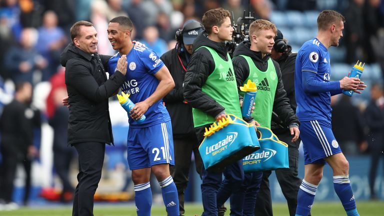 Leicester City manager Brendan Rodgers with Youri Tielemans after Leicester's 3-0 win over Arsenal at the King Power Stadium