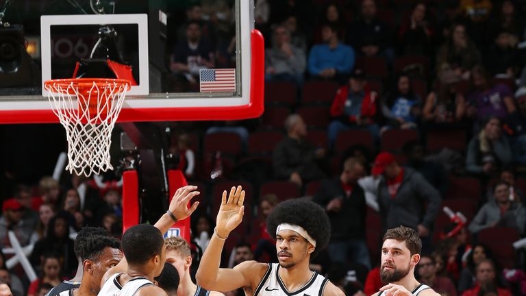 Jarrett Allen #31 of the Brooklyn Nets celebrates with his team during the game against the Chicago Bulls on January 6, 2019 at the United Center in Chicago, Illinois. 