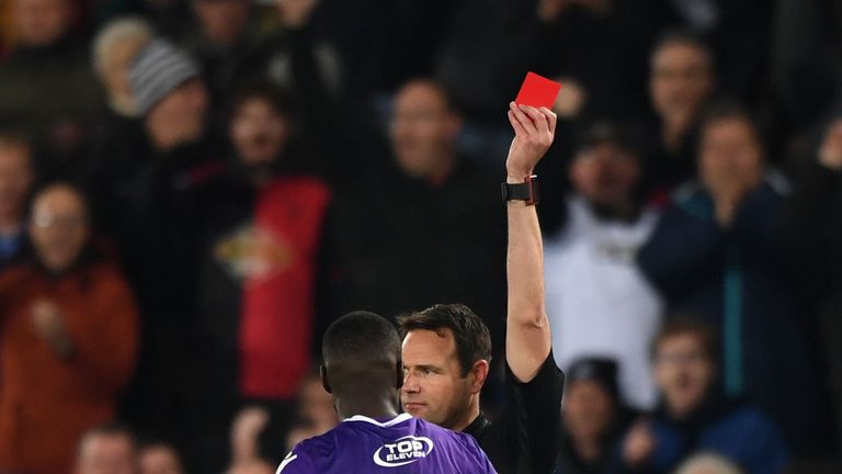 Bruno Martins Indi was sent off at Swansea on Tuesday