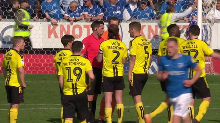 There was a controversial handball in the build-up to Portsmouth's goal against Burton