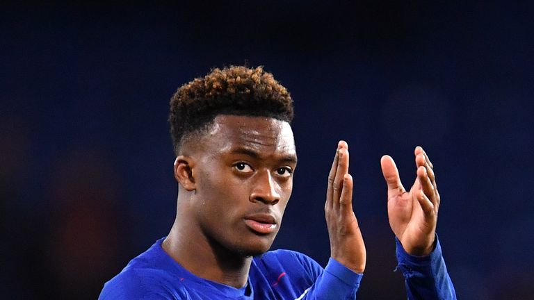 Callum Hudson-Odoi of Chelsea applauds fans after the 3-0 win over Brighton at Stamford Bridge