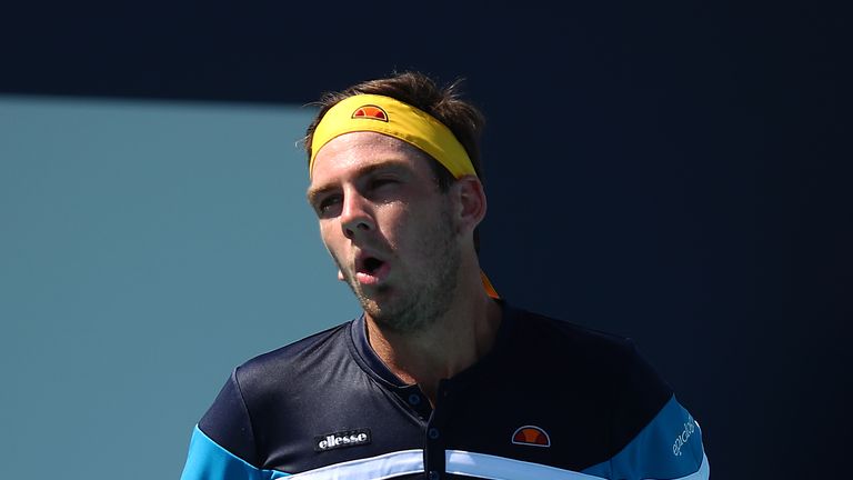Cameron Norrie of Great Britain reacts against Jordan Thompson of Australia during day four of the Miami Open tennis on March 21, 2019 in Miami Gardens, Florida