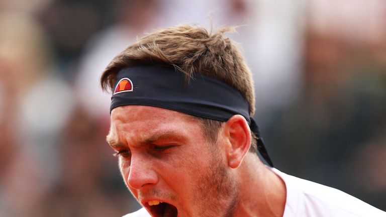 Cameron Norrie of Great Britain celebrates match point against Adrian Mannarino of France in their first round match during day 3 of the Rolex Monte-Carlo Masters at Monte-Carlo Country Club on April 16, 2019 in Monte-Carlo, Monaco