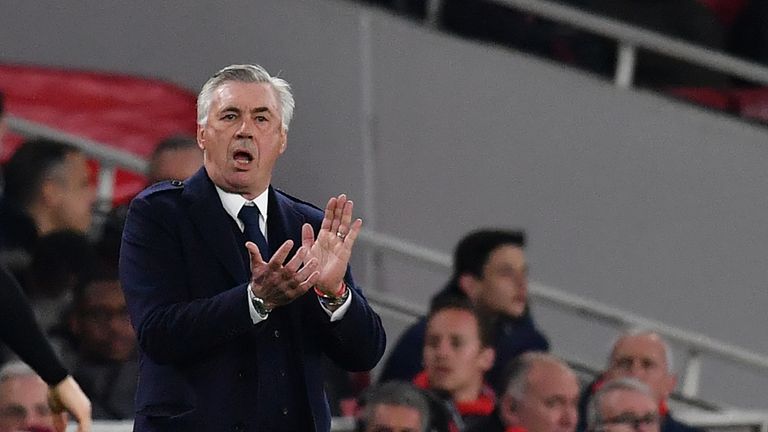 Napoli&#39;s manager Carlo Ancelotti gestures during the UEFA Europa League quarter final, first leg, football match between Arsenal and Napoli at the Emirates Stadium in London on April 11, 2019. 