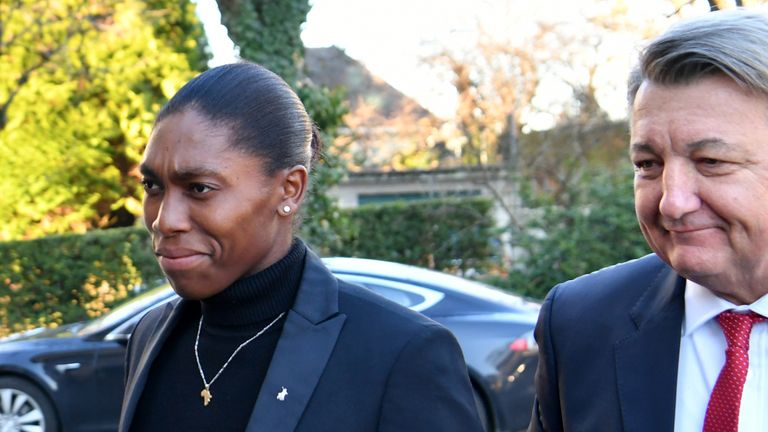 South African 800 meters Olympic champion Caster Semenya (L) and her lawyer Gregory Nott (R) arrive for a landmark hearing at the Court of Arbitration for Sport (CAS) in Lausanne on February 18, 2019. - Semenya will challenge a proposed rule by the International Athletics Federation (IAAF) aiming to restrict testosterone levels in female runners