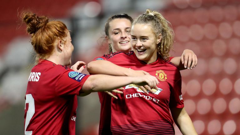 Manchester United's Charlie Devlin celebrates after she scores to make it 5-0 during the FA Women's Championship match at Leigh Sports Village.
