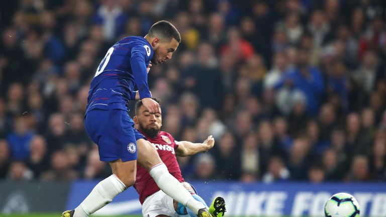 Eden Hazard of Chelsea beats Ryan Fredericks of West Ham as he puts the Blues 1-0 up