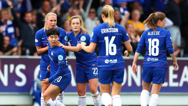 Chelsea celebrate after So-Yun Ji's goal but they were knocked out of the Women's Champions League by Lyon