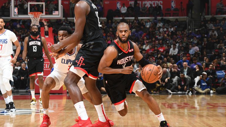 Chris Paul #3 of the Houston Rockets handles the ball against the LA Clippers on April 3, 2019 at STAPLES Center in Los Angeles, California.