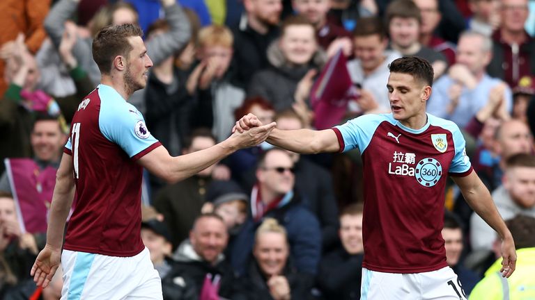 Chris Wood celebrates with team-mate Ashley Westwood after scoring Burnley's opening goal