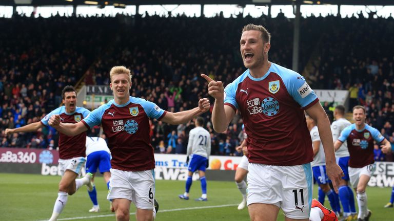 Chris Wood celebrates after scoring the opening goal of the game between Burnley and Cardiff City 