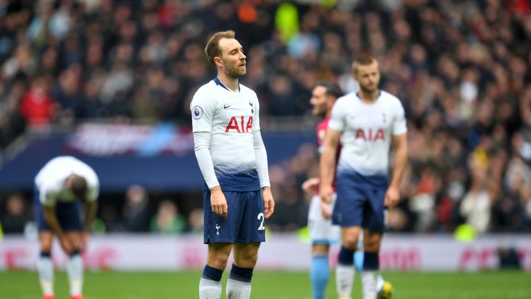 Christian Eriksen looks dejected with Spurs 1-0 down at home to West Ham