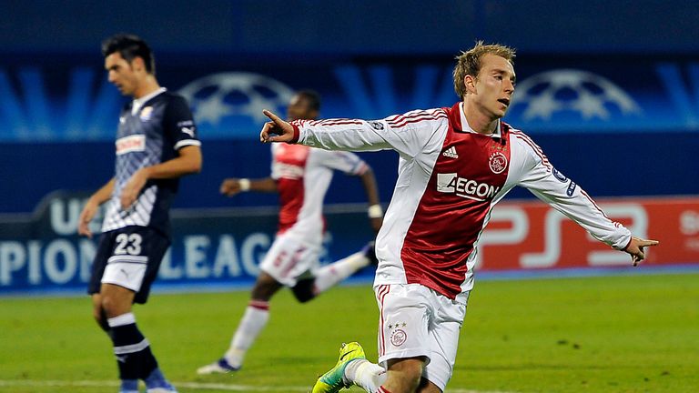 Ajax's Christian Eriksen celebrates a goal against Dinamo Zagreb in the Champions League in 2011