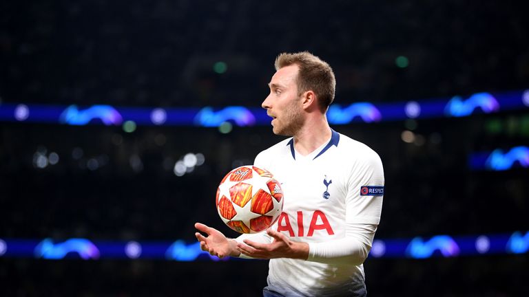 Christian Eriksen in action during the first leg of Tottenham's Champions League semi-final against Ajax