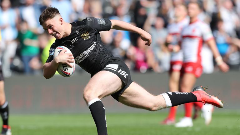 Connor Wynne of Hull FC runs to the try-line during the Hull Derby. 