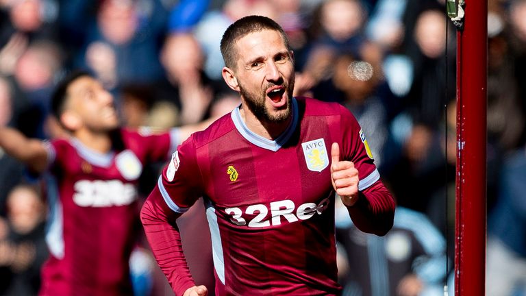 Conor Hourihane scores during the Sky Bet Championship match between Aston Villa and Bristol City at Villa Park on April 13, 2019
