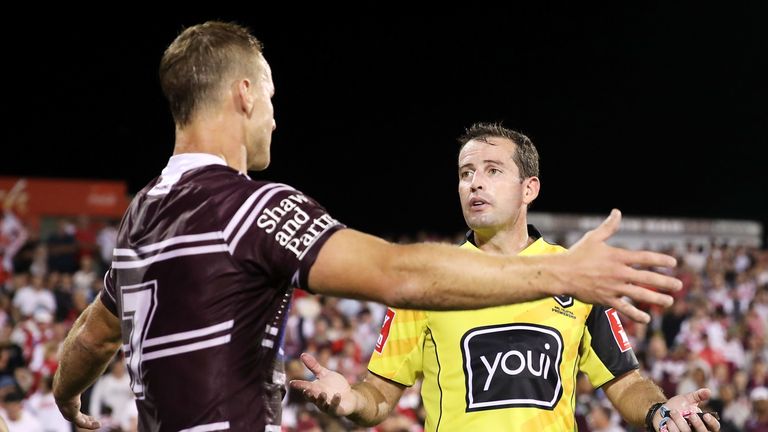 Daly Cherry-Evans of the Sea Eagles shows his frustration as he speaks to referee Dave Munro