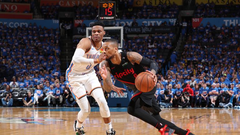 Damian Lillard #0 of the Portland Trail Blazers drives to the basket against the Oklahoma City Thunder during Game Four of Round One of the 2019 NBA Playoffs on April 21, 2019 at Chesapeake Energy Arena in Oklahoma City, Oklahoma