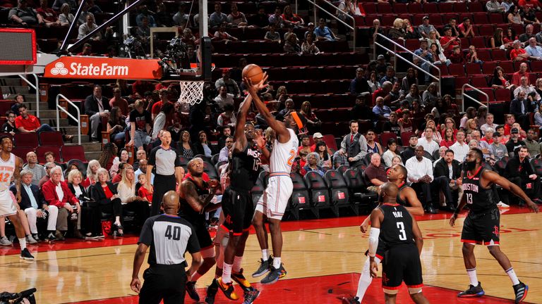 Damyean Dotson of the New York Knicks drives to the basket during the game against the Houston Rockets