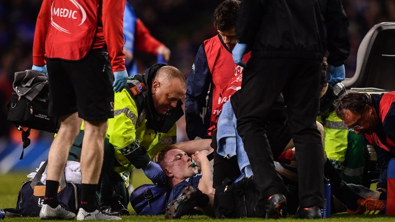30 March 2019; Dan Leavy of Leinster receives medical attention during the Heineken Champions Cup Quarter-Final between Leinster and Ulster at the Aviva Stadium in Dublin. Photo by David Fitzgerald/Sportsfile