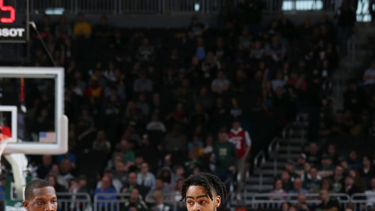 D'Angelo Russell #1 of the Brooklyn Nets handles the ball against the Milwaukee Bucks on April 6, 2019 at the Fiserv Forum Center in Milwaukee, Wisconsin.