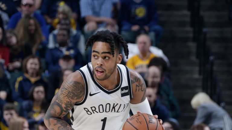 D'Angelo Russell #1 of the Brooklyn Nets handles the ball against the Indiana Pacers on April 7, 2019 at Bankers Life Fieldhouse in Indianapolis, Indiana.