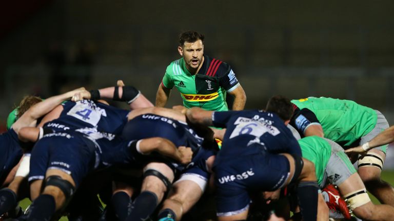 Danny Care looks on at the scrum during the Gallagher Premiership match