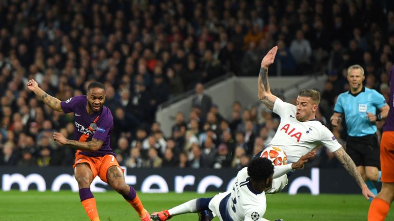 Danny Rose is penalised for a handball early on from Raheem Sterling's effort