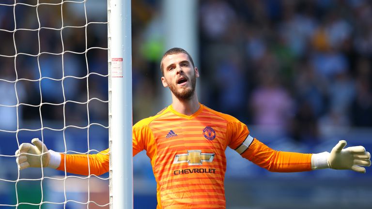 David De Gea of Manchester United reacts during the Premier League match between Everton FC and Manchester United at Goodison Park on April 21, 2019 in Liverpool, United Kingdom.