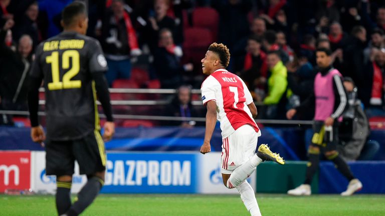 David Neres celebrates scoring for Ajax against Juventus