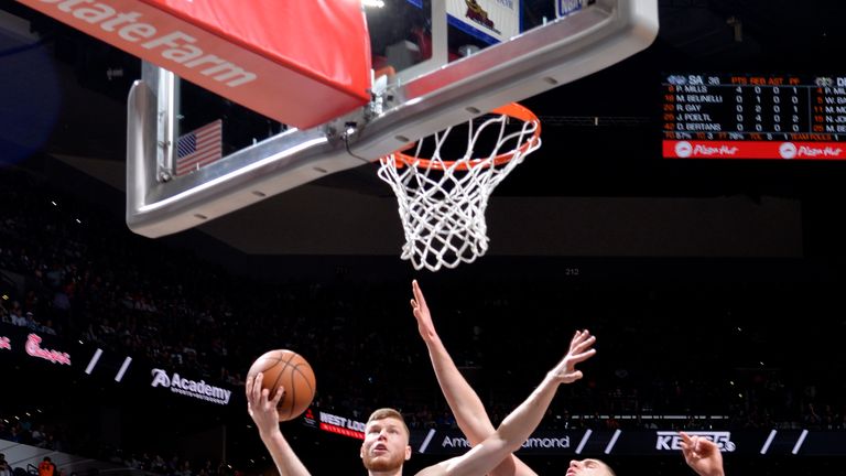 Davis Bertans #42 of the San Antonio Spurs shoots the ball against the Denver Nuggets during Game Four of Round One of the 2019 NBA Playoffs on April 20, 2019 at the AT&T Center in San Antonio, Texas. 