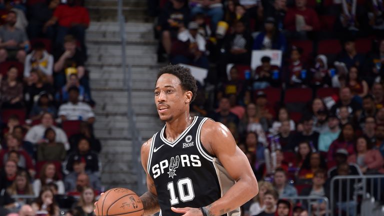 DeMar DeRozan #10 of the San Antonio Spurs handles the ball against the Cleveland Cavaliers on April 7, 2019 at Quicken Loans Arena in Cleveland, Ohio.