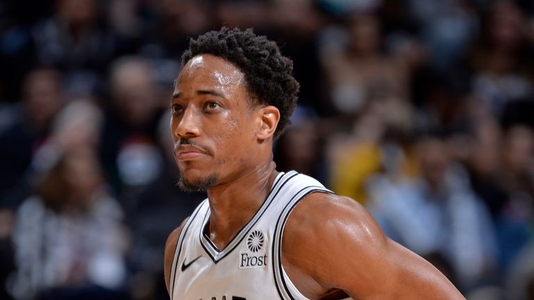 DeMar DeRozan #10 of the San Antonio Spurs is seen during the game against the Denver Nuggets during Game Three of Round One of the 2019 NBA Playoffs on April 18, 2019 at the AT&T Center in San Antonio, Texas.