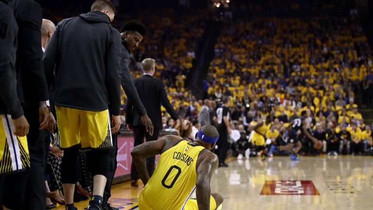 DeMarcus Cousins goes down after injuring his left quad in Game 2 of Round One against the LA Clippers during the 2019 NBA Playoffs