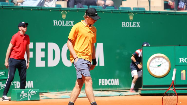 Canada's Denis Shapovalov throws his racket on the court after missing a point against Germany's Jan-Lennard Struff during their tennis match on the day 3 of the Monte-Carlo ATP Masters Series tournament on April 15, 2019 in Monaco. 