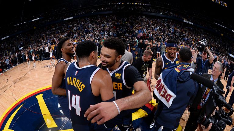 The Denver Nuggets react after Game Seven of Round One of the 2019 NBA Playoffs against the San Antonio Spurs on April 27, 2019 at the Pepsi Center in Denver, Colorado.