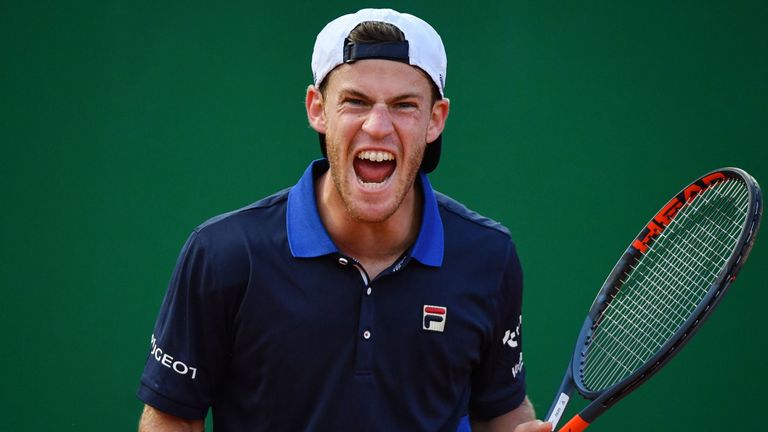 Argentina's Diego Schwartzman celebrates after winning his tennis match against Britain's Kyle Edmund on the day 3 of the Monte-Carlo ATP Masters Series tournament on April 15, 2019 in Monaco