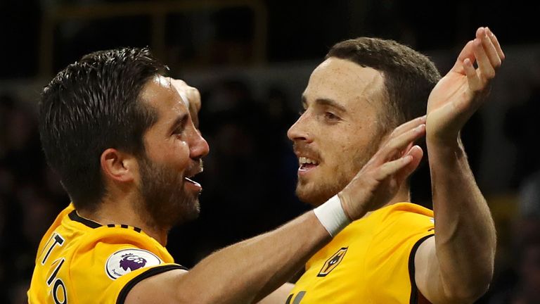 Diogo Jota celebrates his goal with team-mate Joao Moutinho