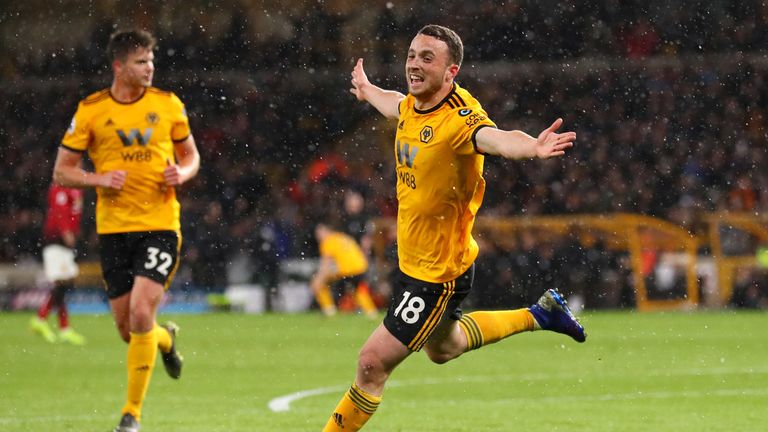 Diogo Jota celebrates scoring for Wolves against Manchester United