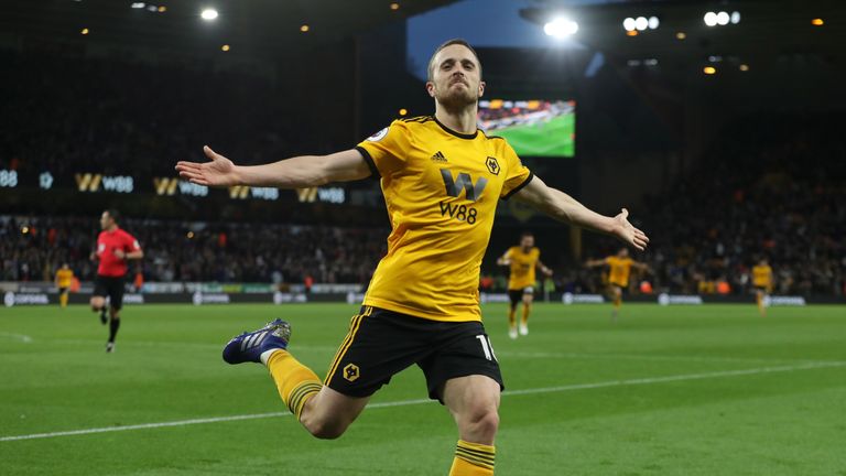 Diogo Jota celebrates as Wolves take a 3-0 lead