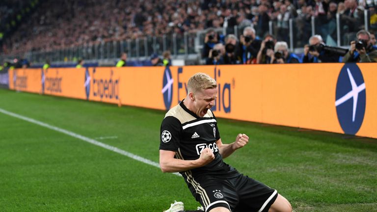 Donny van de Beek of Ajax celebrates after scoring against Juventus